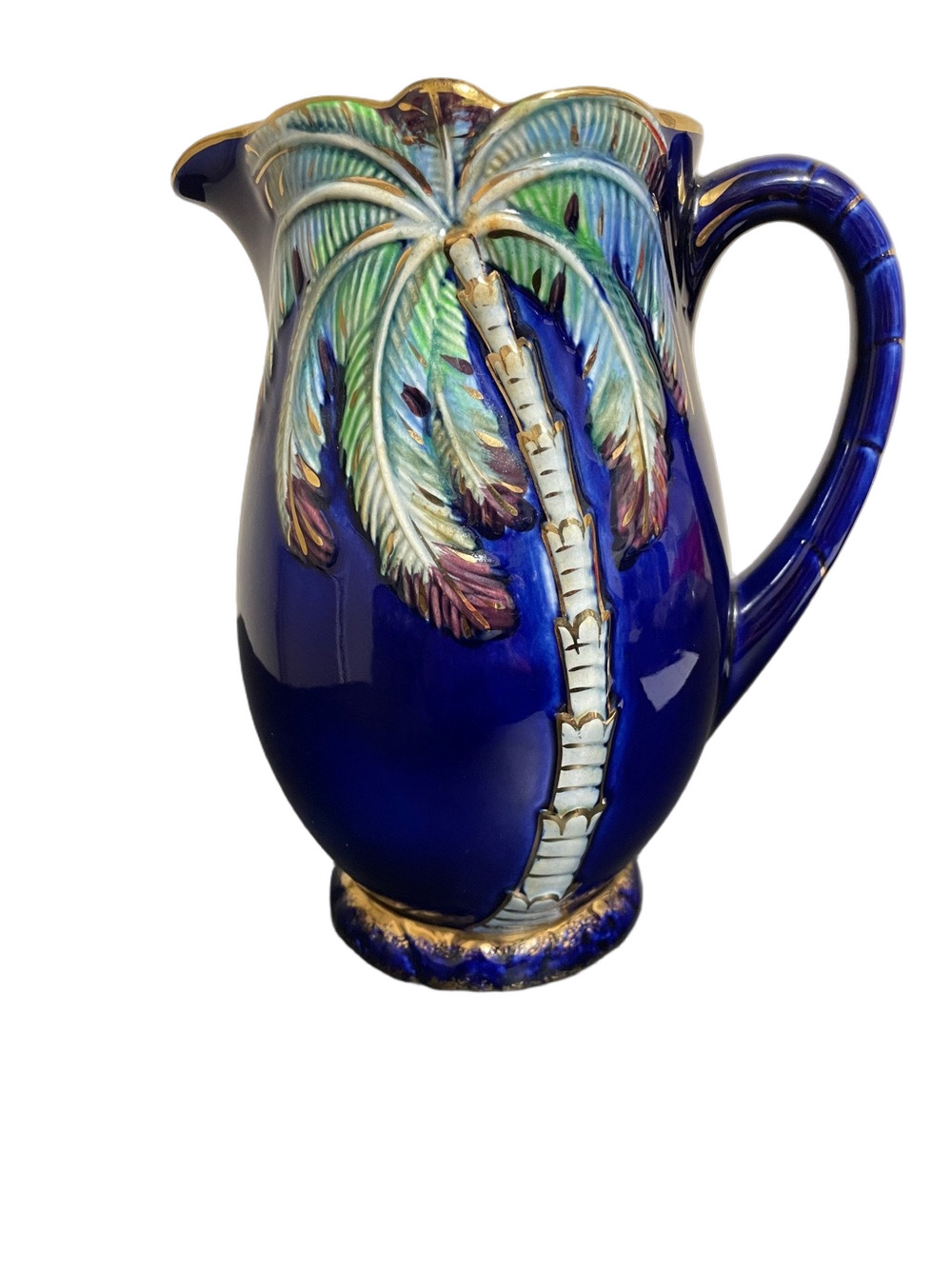 Vintage Beswick Cobalt Blue Palm Tree Ceramic Pitcher #1073